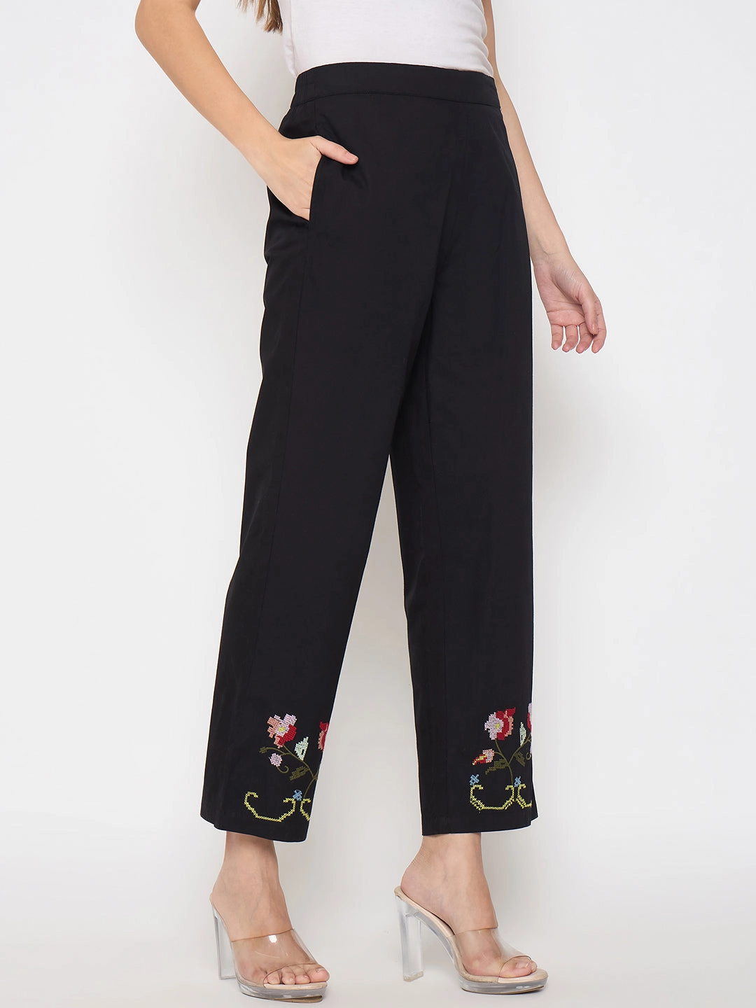 Madame Floral Embroidery Wide Leg Black Cotton Trousers Active Utility QuickReleaseFastenings