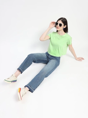 Soft Date Night Street Fashion No Gap Waist Engineering Madame Four Buttoned Stone Wash High Waisted Blue Denim