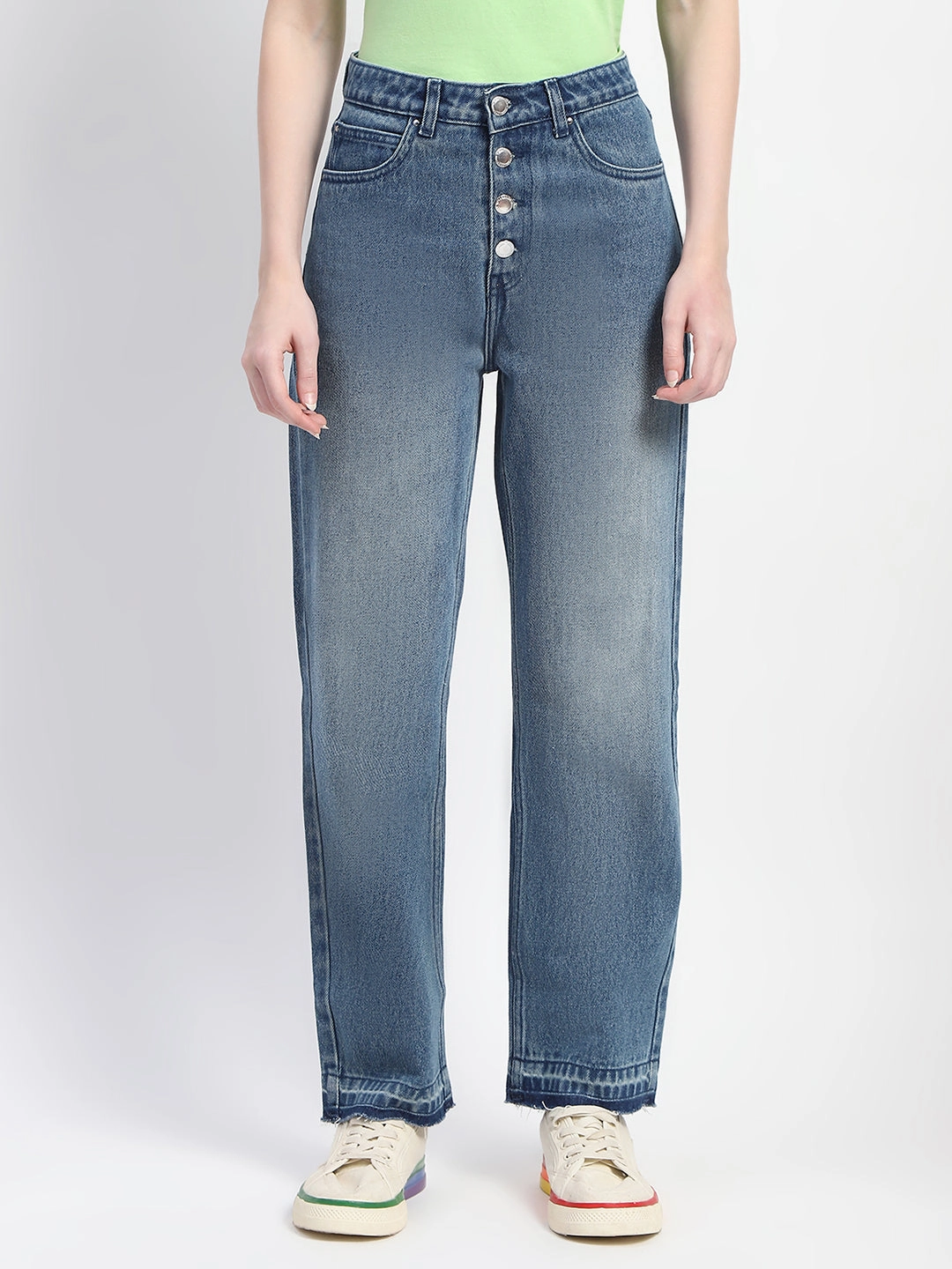 Madame Four Buttoned Stone Wash High Waisted Blue Denim Temperature Regulating Fabric