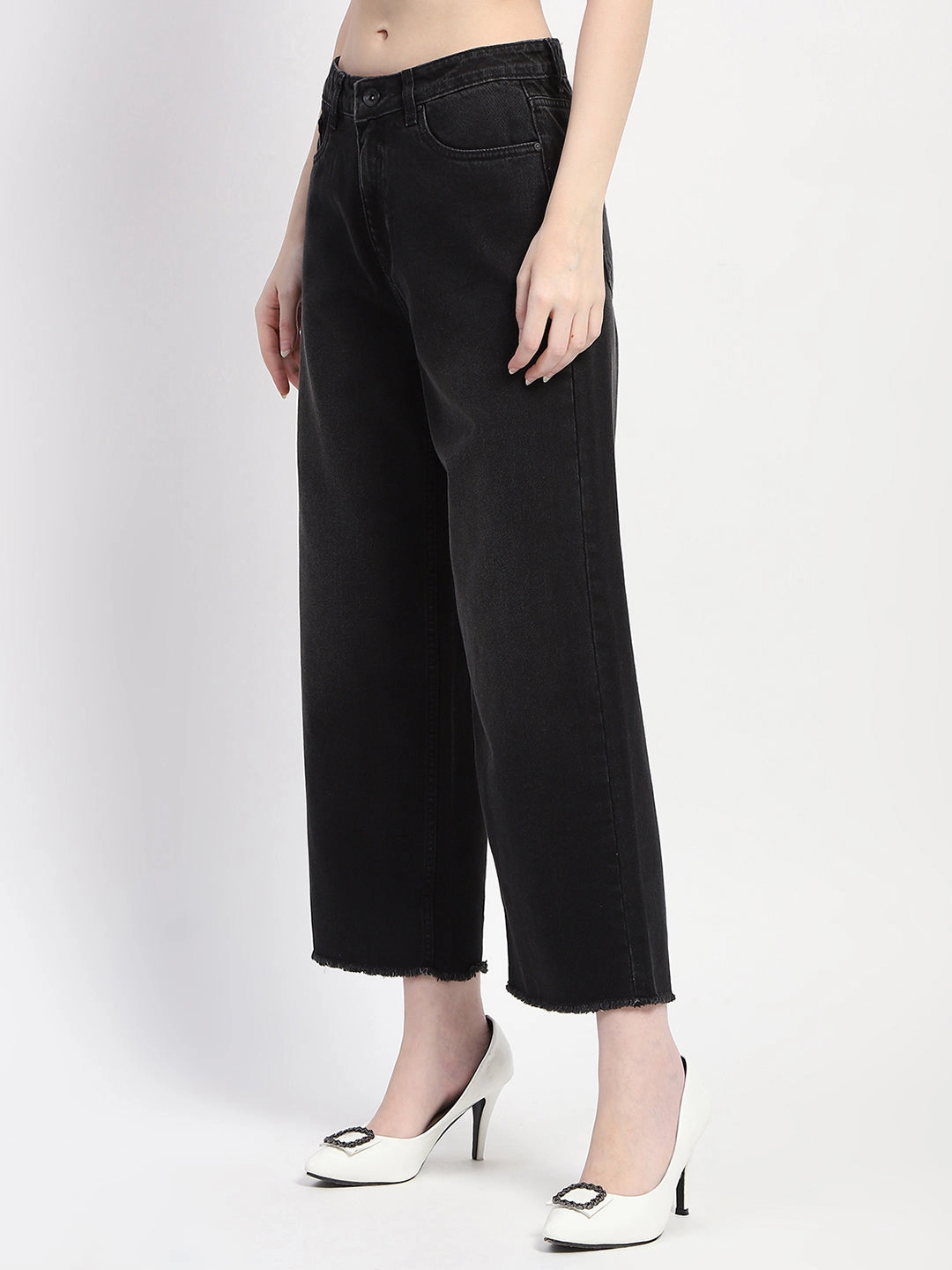 Clean Finish Madame Frayed Hem Black Flared Denim