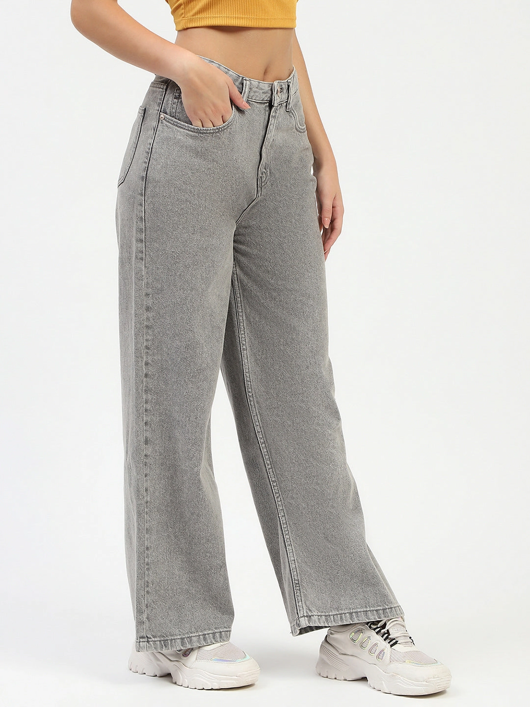 Softened Fabric Picnic Style Creative Look Minimalist Style Madame Grey Wide-Leg Jeans