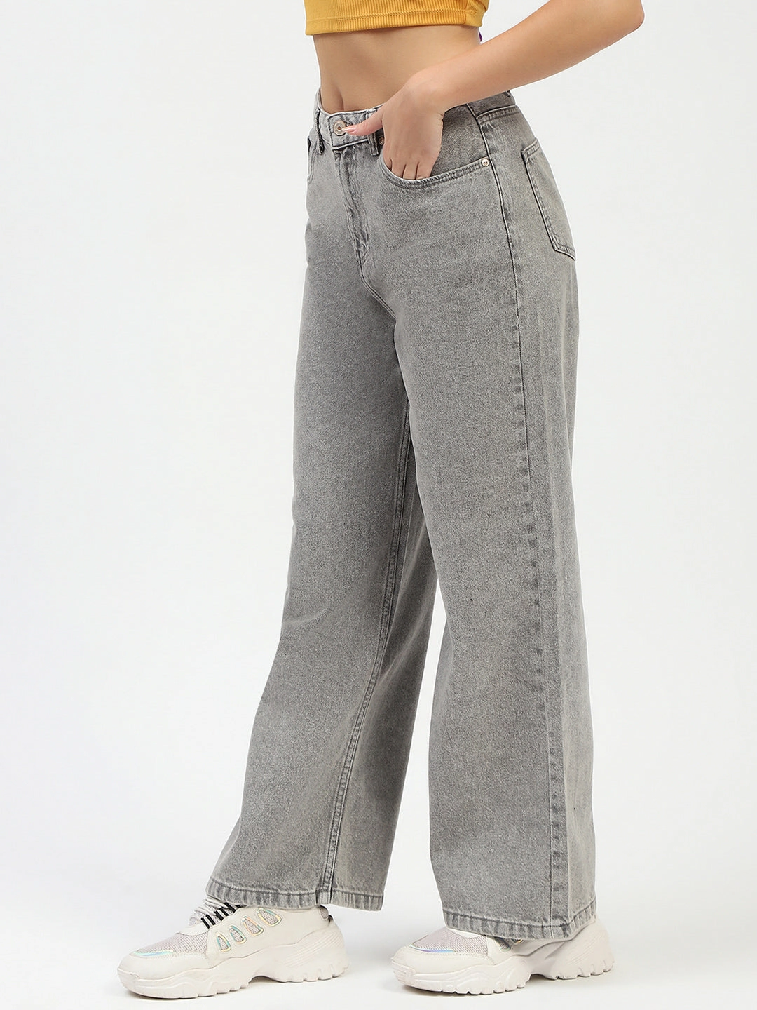 Trendy High Quality Sustainable Denim Production Madame Grey Wide-Leg Jeans