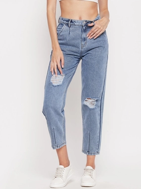 Madame High-Distressed Calf-Length Slim Light Blue Jeans Cozy Vibe Utility Basic