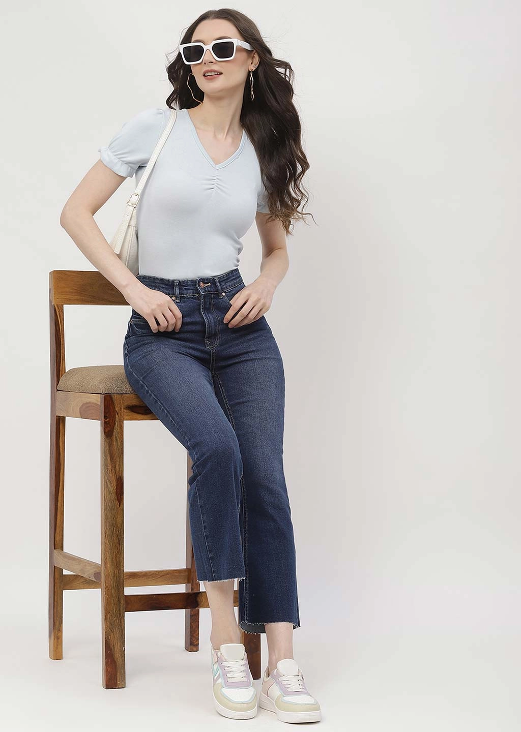 Flattering Fit Madame High Rise Dark Blue Distressed Hem Flared Jeans