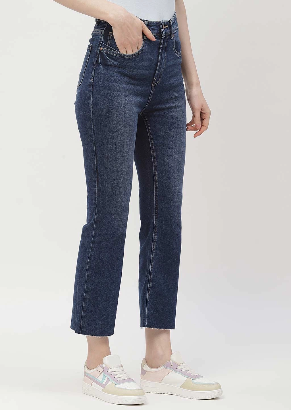 Lightweight Parent Style Durable Common Wear Madame High Rise Dark Blue Distressed Hem Flared Jeans