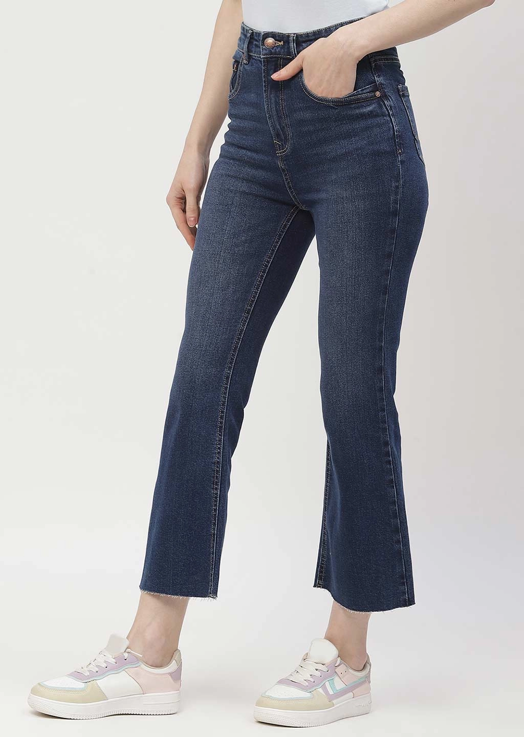 Madame High Rise Dark Blue Distressed Hem Flared Jeans Core Fit Sharp Vibe