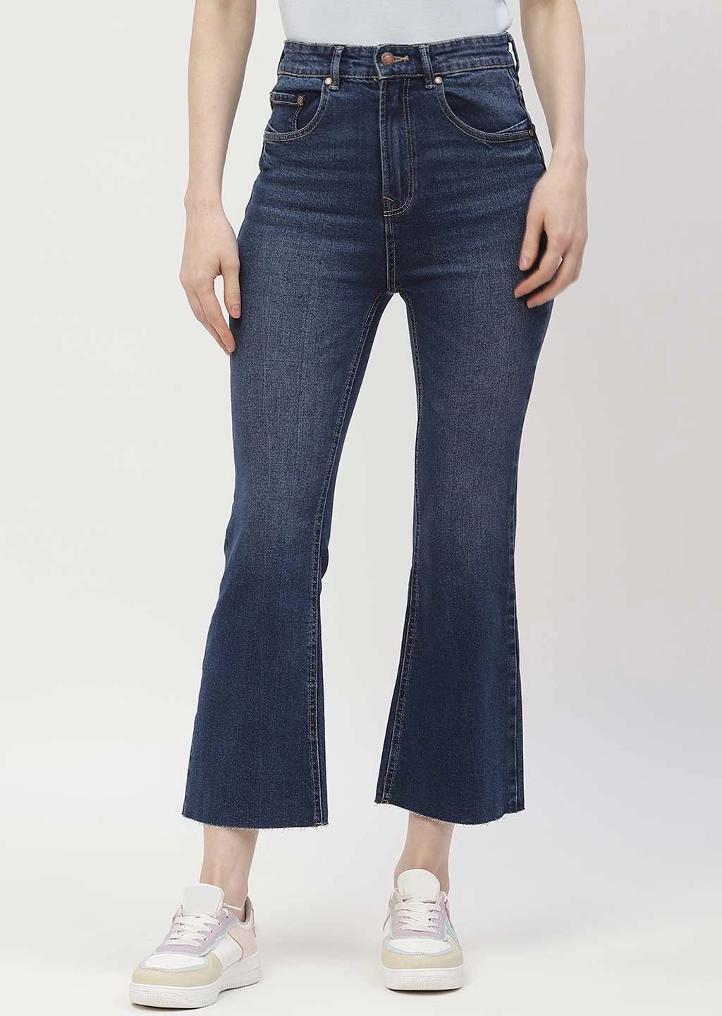 Madame High Rise Dark Blue Distressed Hem Flared Jeans Fashion friendly