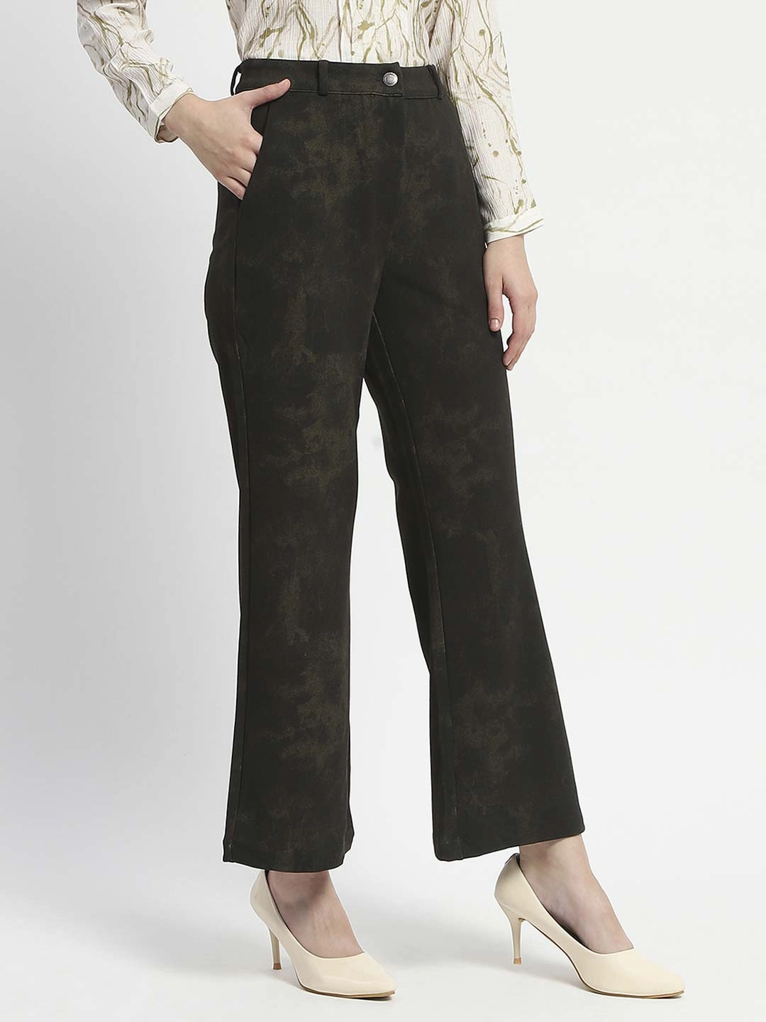 Madame Jacquard Straight Fit Flared Green Trousers HighWaistSupport