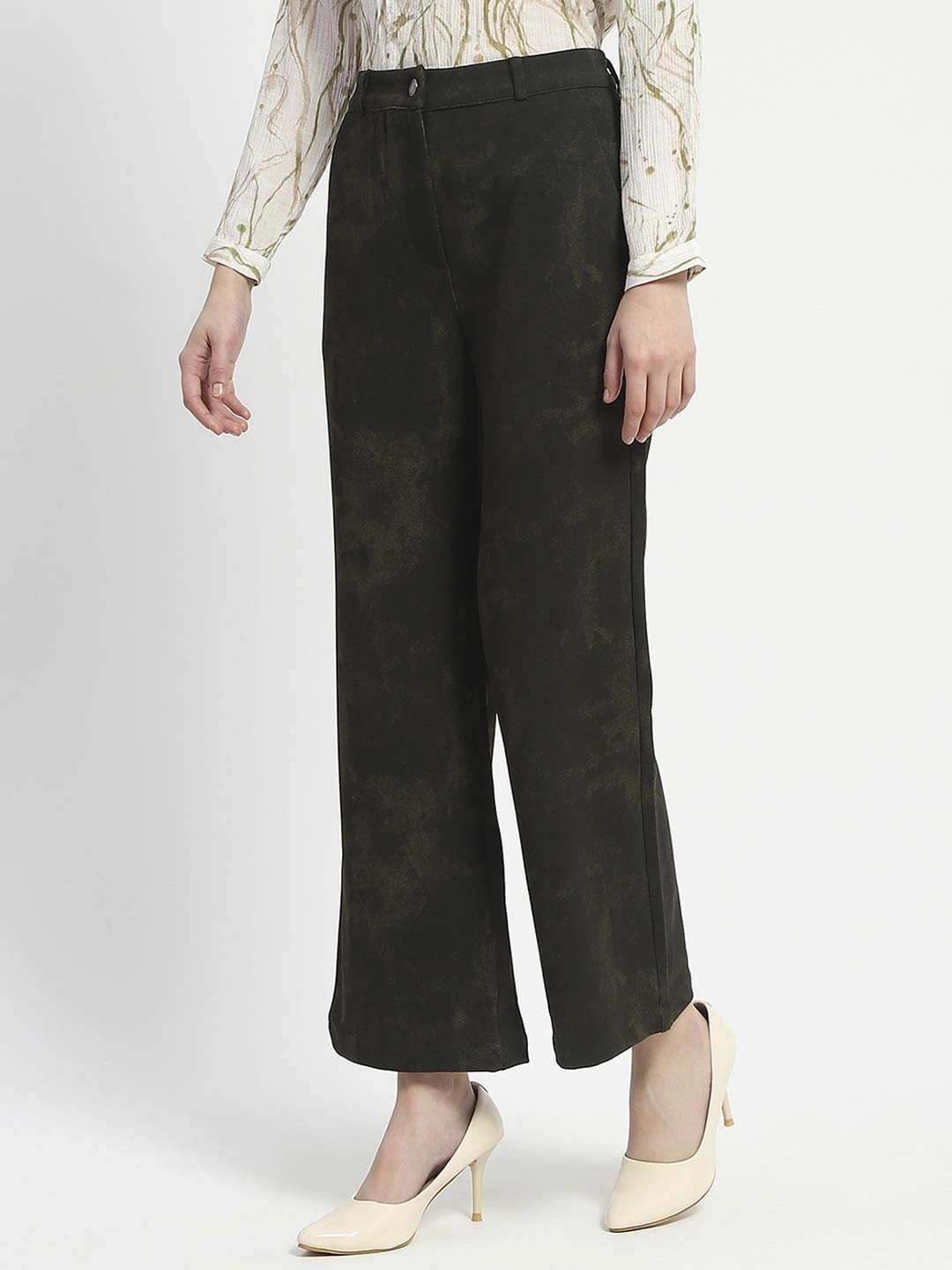 Madame Jacquard Straight Fit Flared Green Trousers Cozy Lining