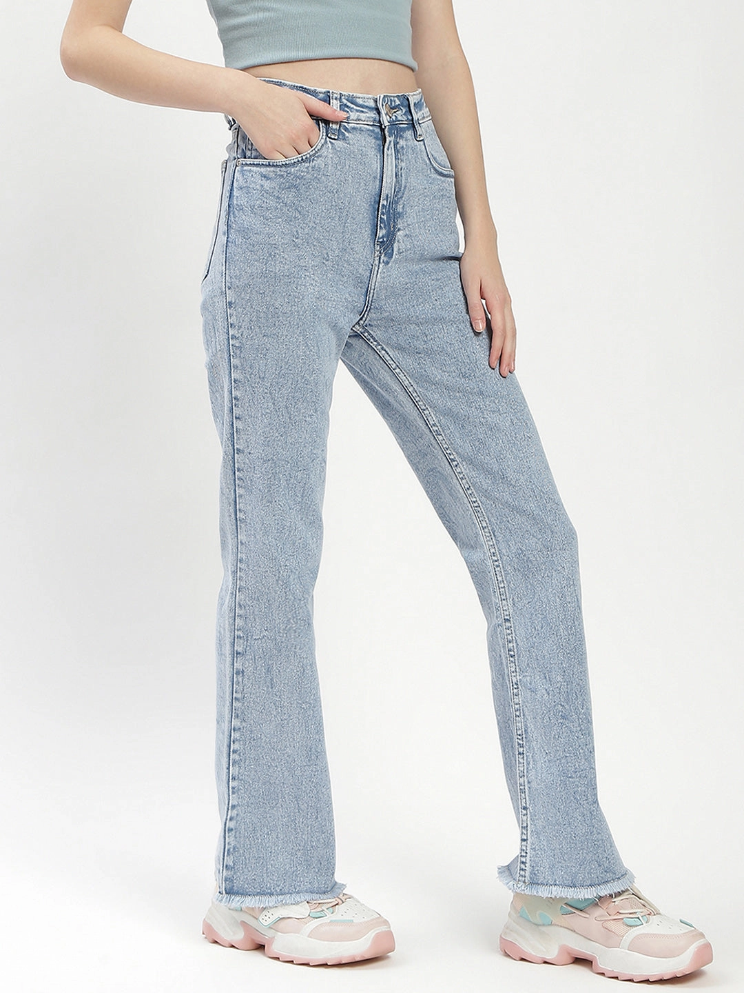 Madame Light Blue Distressed Hem Flared Jeans Weather Proof