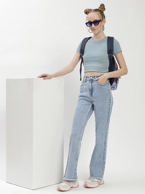 Spring Attire Durable Streetwear Fan Premium Madame Light Blue Distressed Hem Flared Jeans