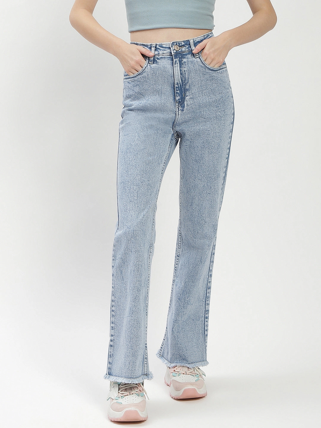 Madame Light Blue Distressed Hem Flared Jeans Vibrant Trendy Reinforced Stitching Details