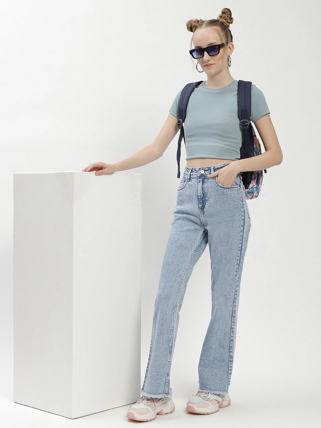 Spring Attire Durable Streetwear Fan Premium Madame Light Blue Distressed Hem Flared Jeans