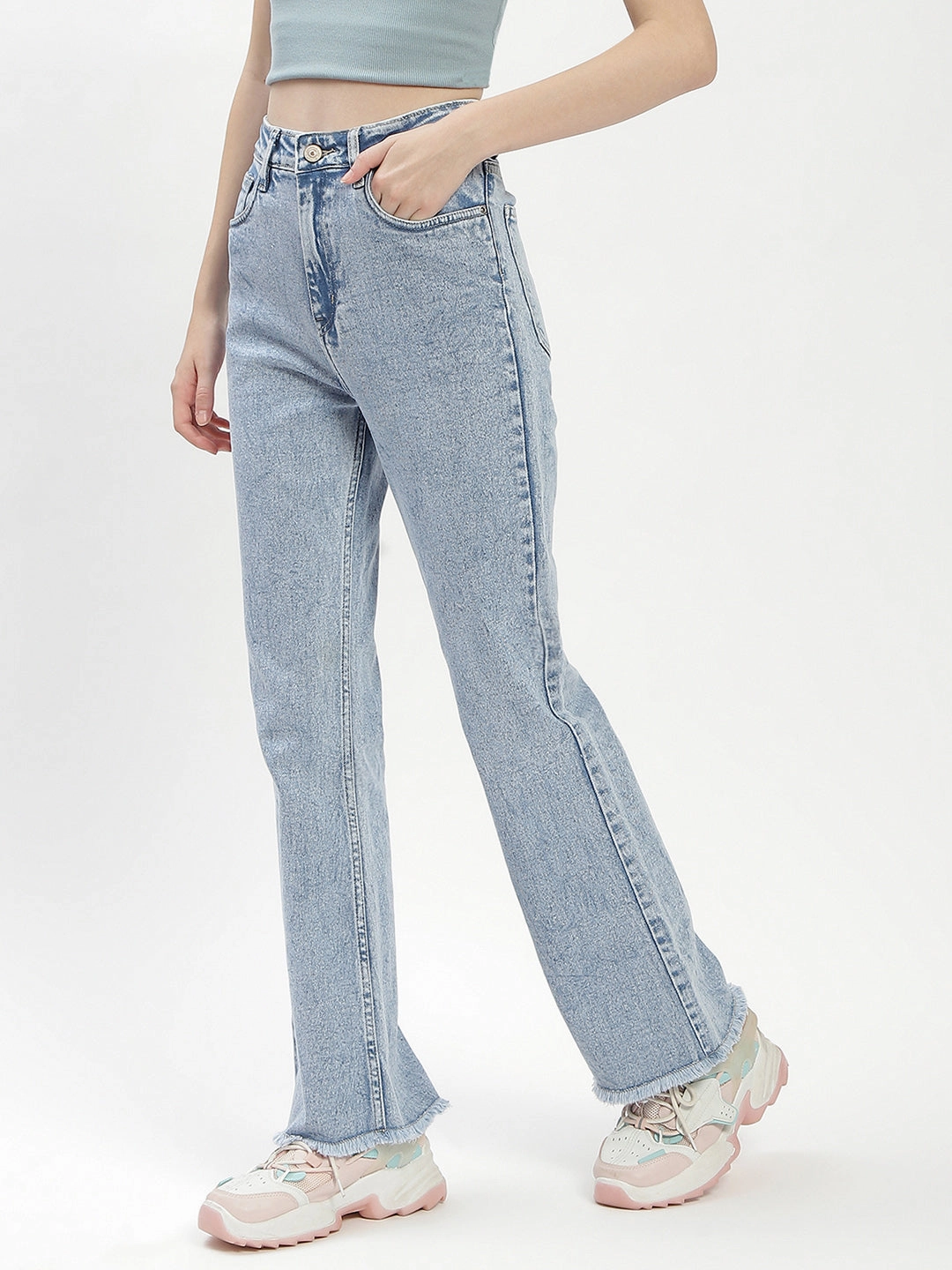 Madame Light Blue Distressed Hem Flared Jeans High Waist