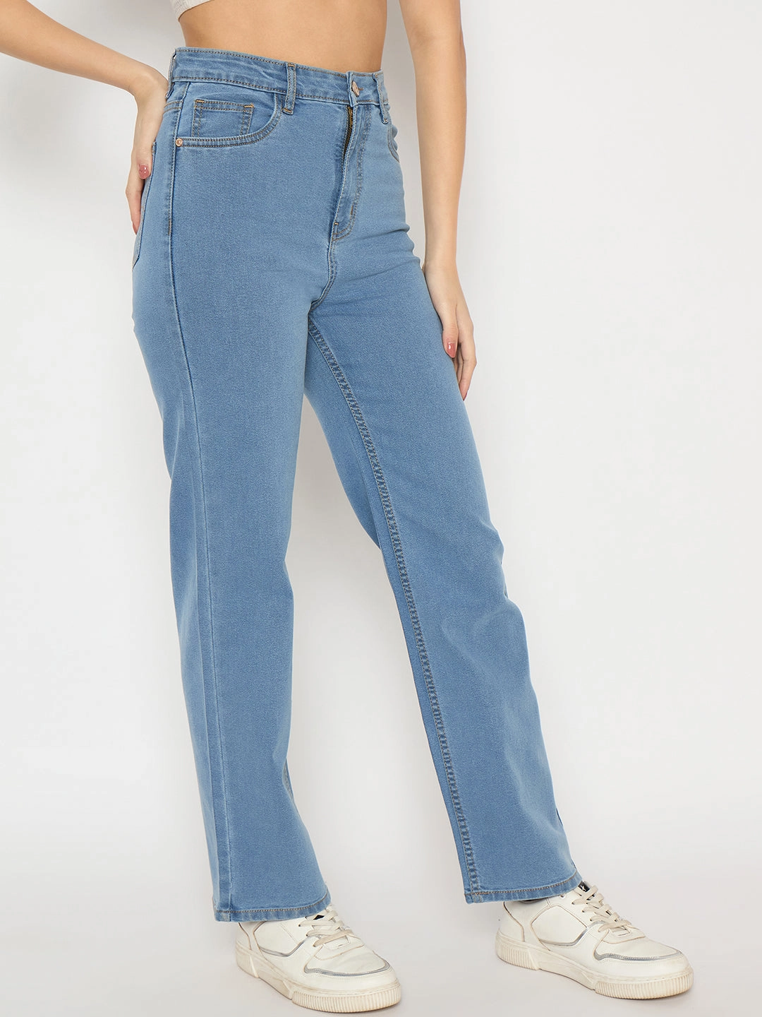 Madame Light Blue Straight Fit Denim Jeans Office Wear Modern