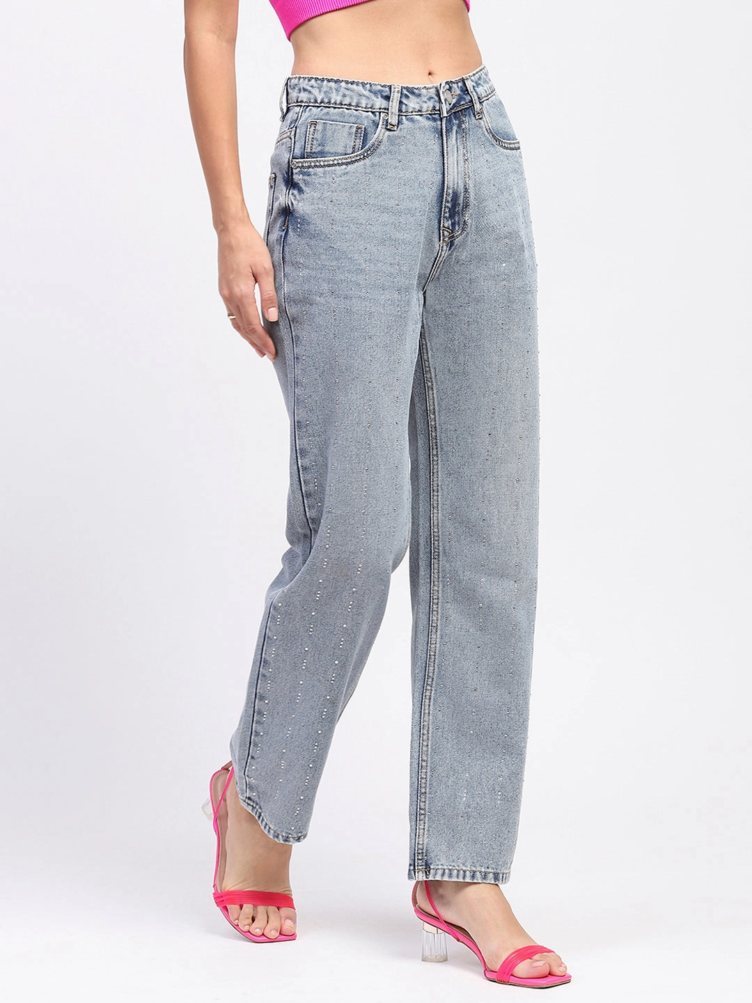 Timeless Option Loose Outdoor Adventure Work Meeting Madame Light Wash Embellished Light Blue Cotton Denim