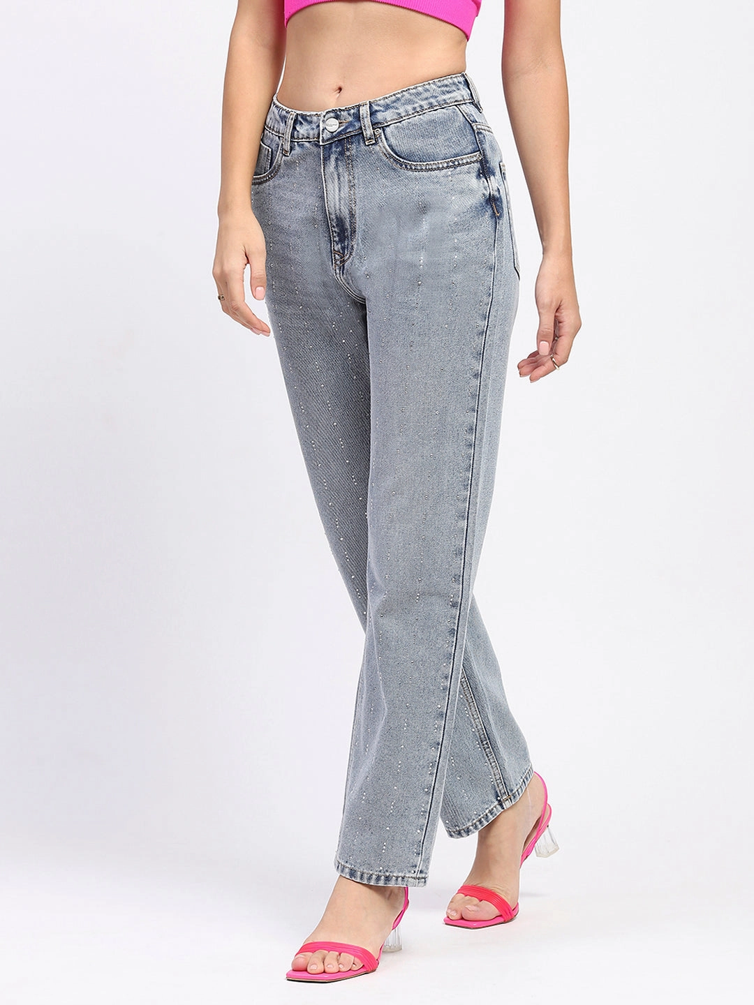 Crosshatch Stitching Madame Light Wash Embellished Light Blue Cotton Denim