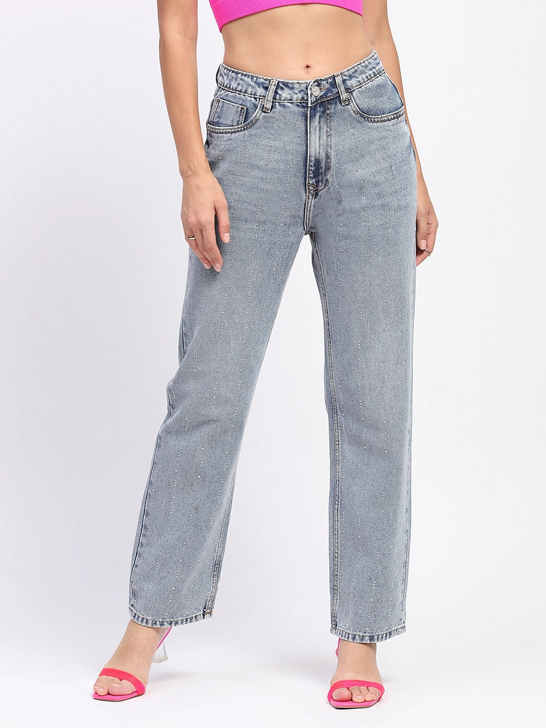Madame Light Wash Embellished Light Blue Cotton Denim Tailored Waistband