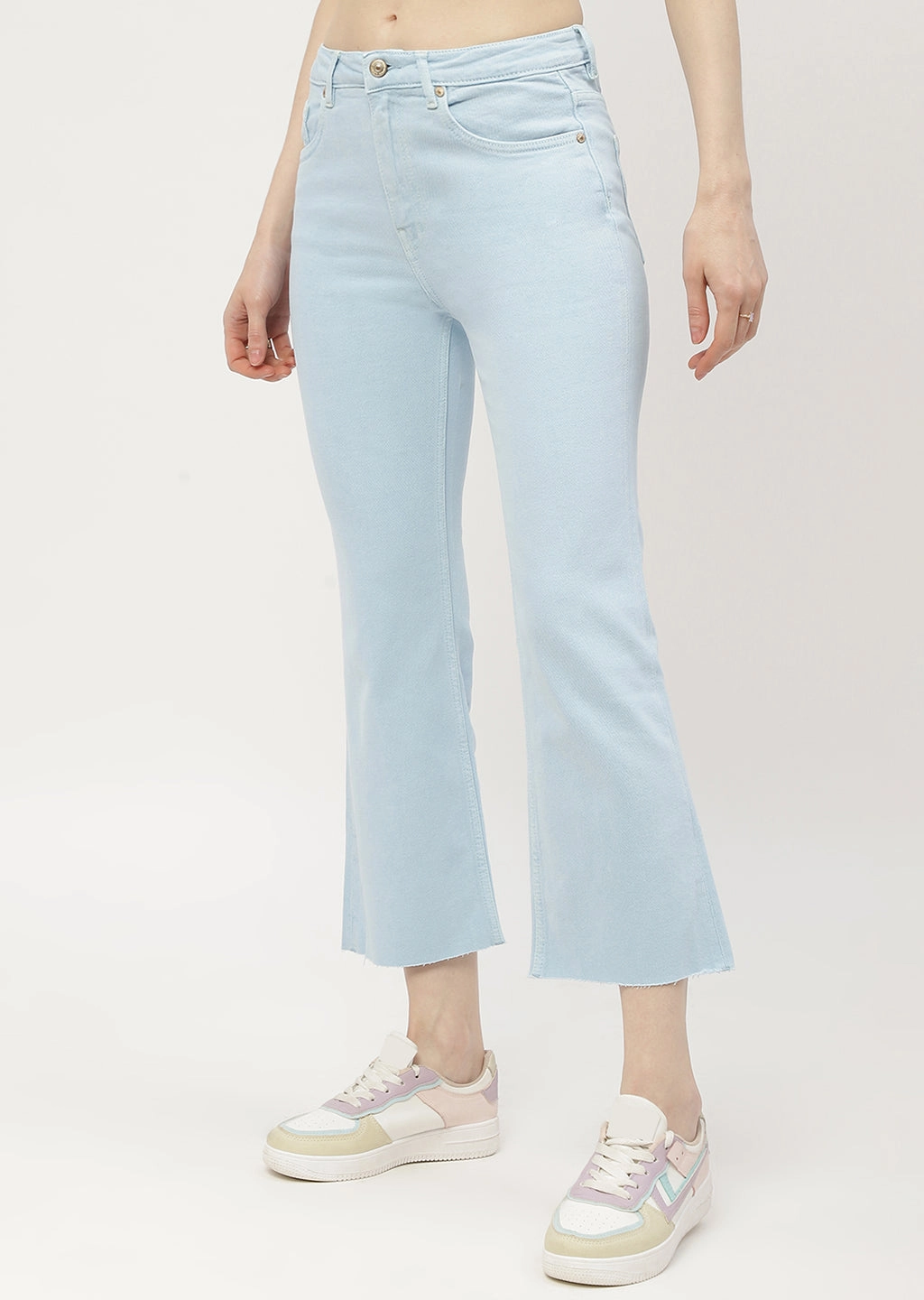 Sleek Option Popular Staple Madame Low Waist Sky Blue Bell Bottom Jeans