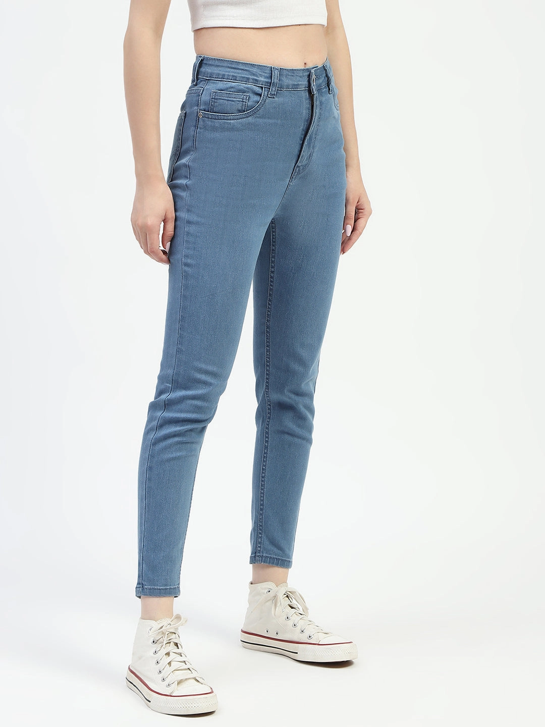 Comfy Choice Home Comfort Bold Look Sunny Vibes Madame Mid Blue Slim Fit Cotton Denim Jeans