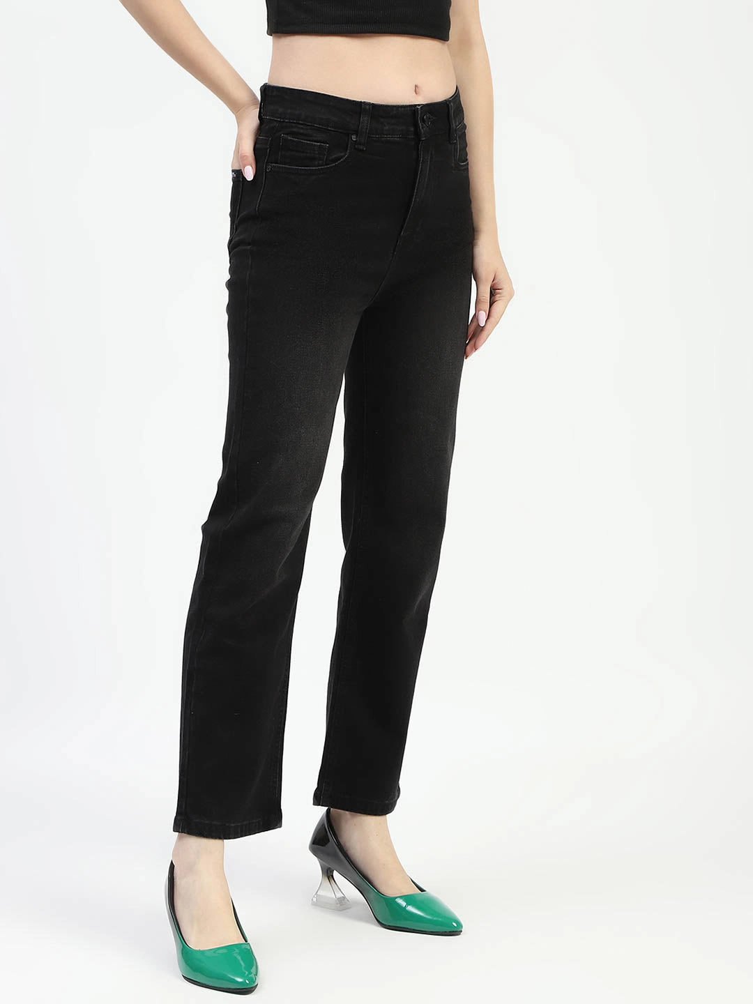 Smooth Picnic Style Party Look Urban Explorer Madame Mid-Rise Black Straight-Fit Jeans