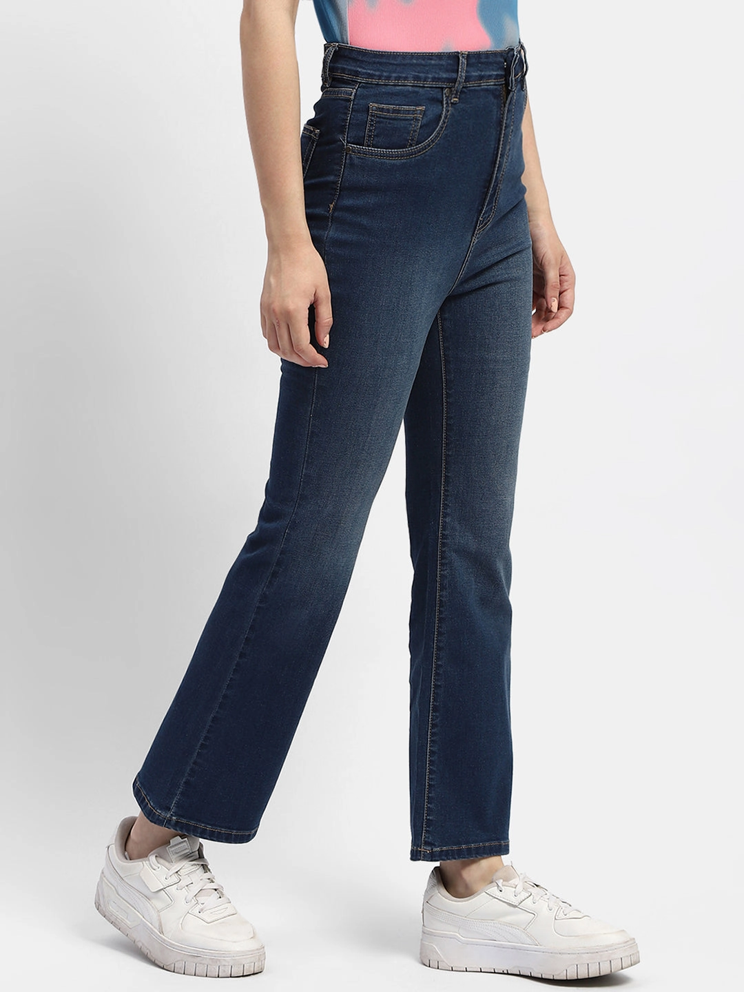 Madame Mid Rise Blue Flared Jeans Flat Lock Stitching Everyday Favorite