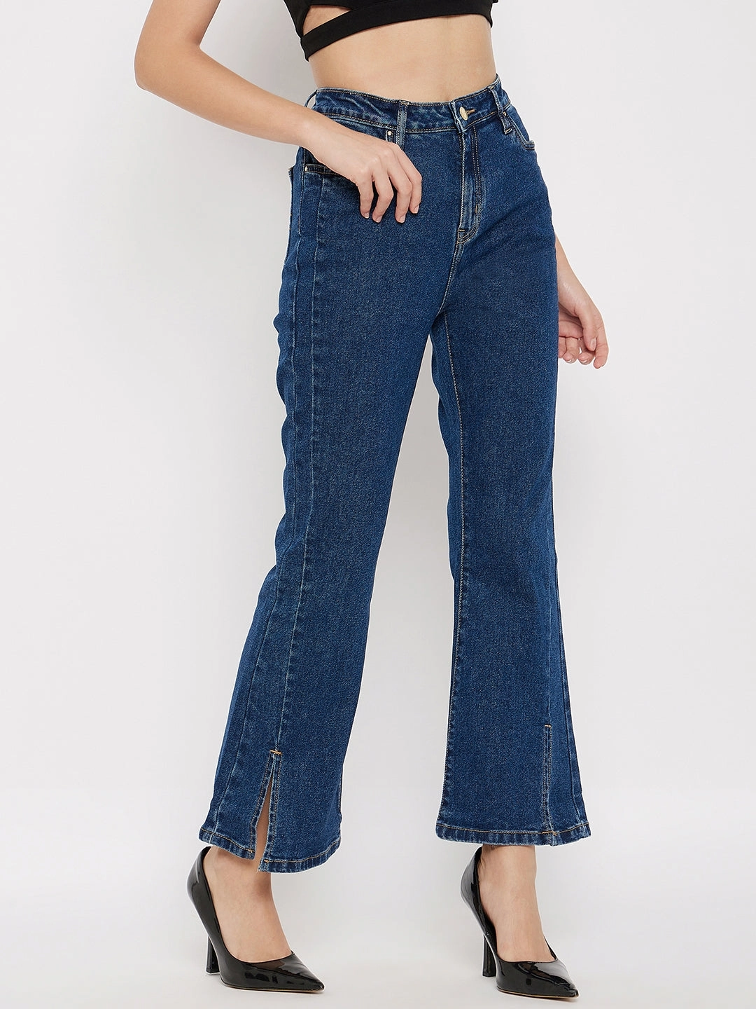 Madame Mid-Rise Front Slit Dark Wash Jeans High Quality Holiday Vibes Winter Warmth
