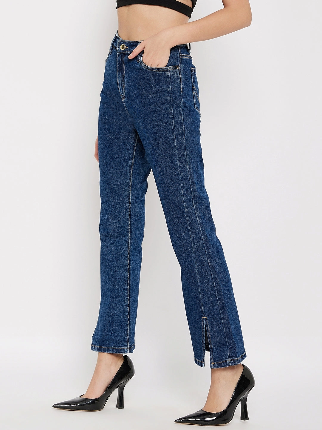Effortless casual Utility Fit Madame Mid-Rise Front Slit Dark Wash Jeans
