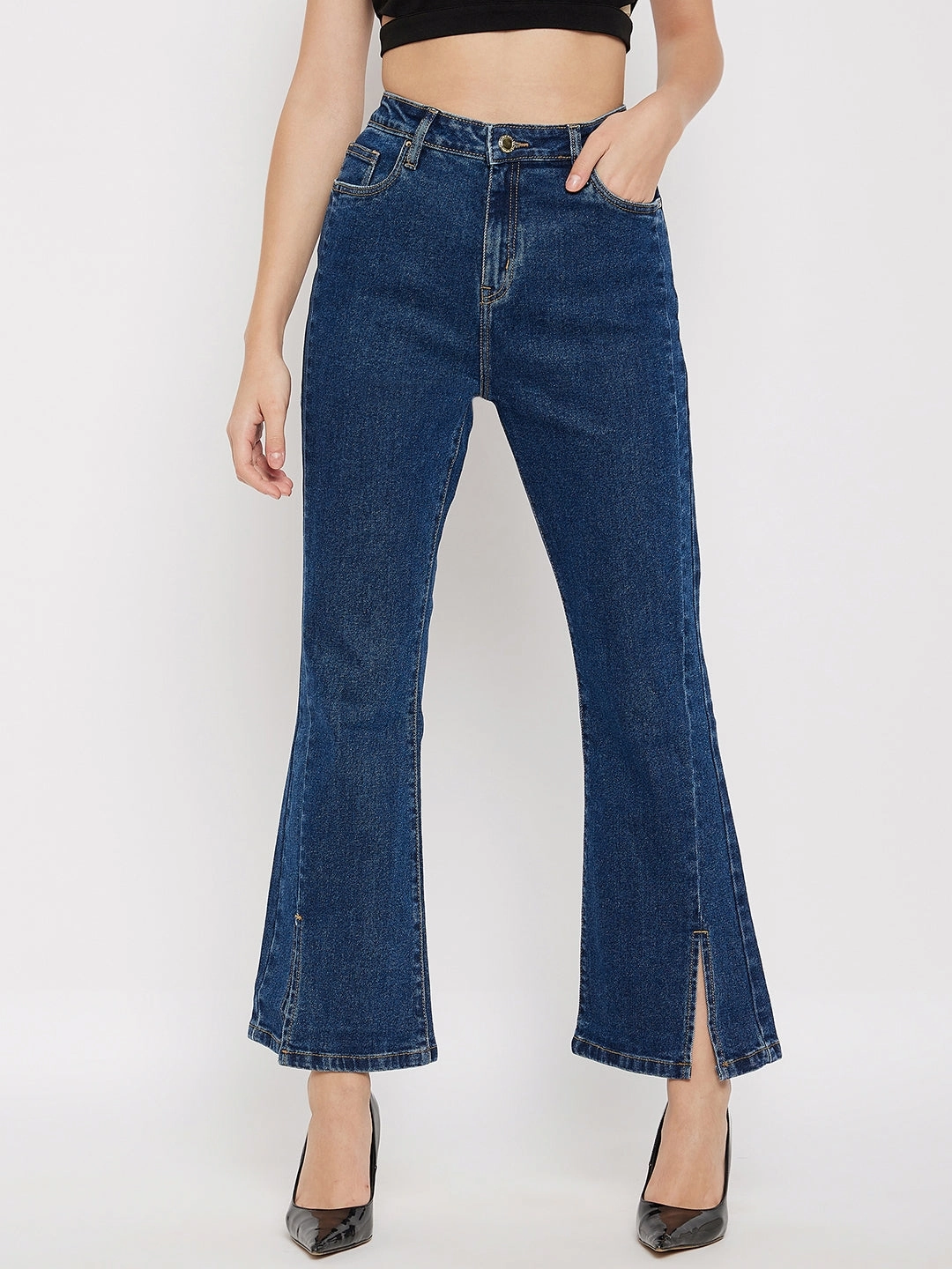 Modern Comfort Night Out Daily Wear Madame Mid-Rise Front Slit Dark Wash Jeans
