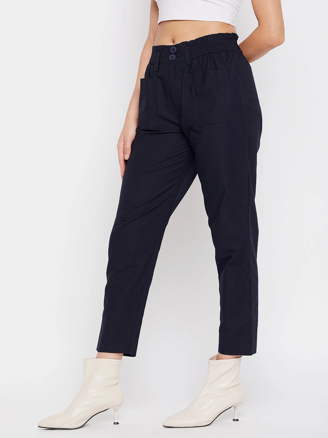 LightweightDesign Hidden Zip Pockets Madame Navy Cotton Ankle Length Trousers
