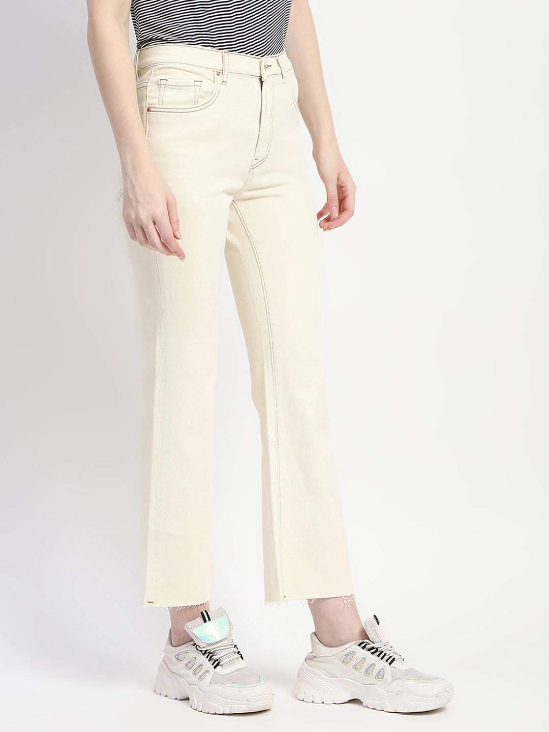 Madame Off-White Distressed Hem Flared Denim Stretch Enhanced Mobility