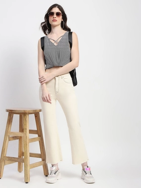 Stylish Choice Madame Off-White Distressed Hem Flared Denim