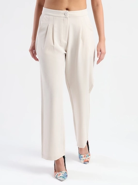Madame Pleat Detailed Solid Beige Straight Trousers Flattering Look Perfect Length