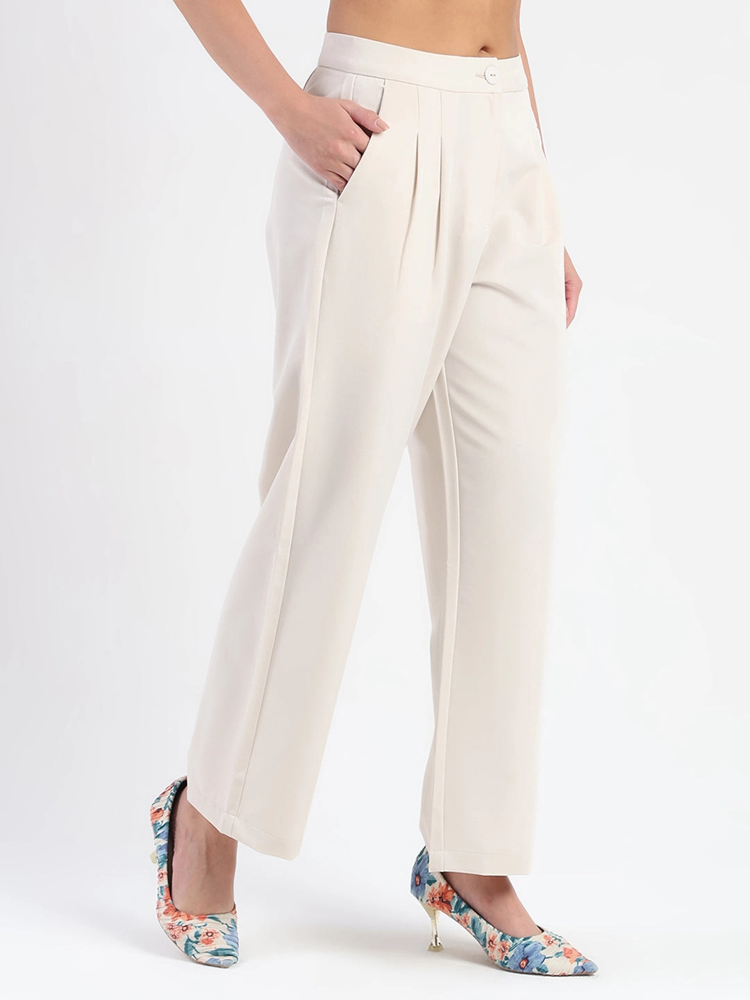 Static free Madame Pleat Detailed Solid Beige Straight Trousers
