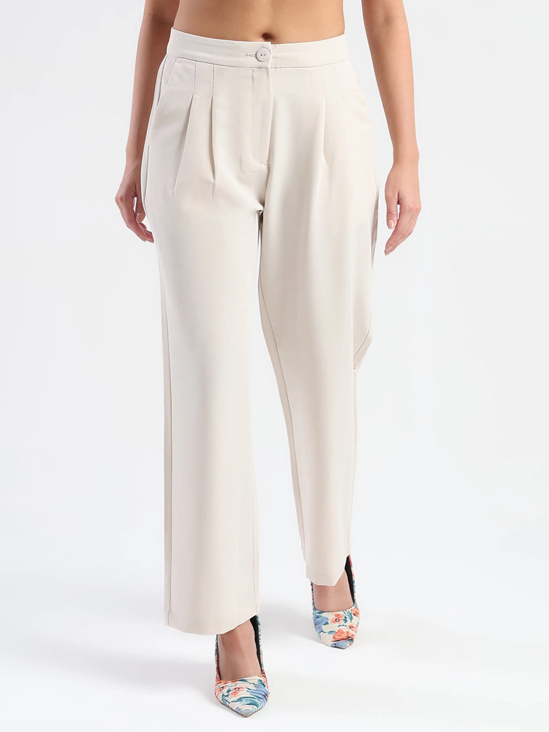 Madame Pleat Detailed Solid Beige Straight Trousers Flattering Look Perfect Length