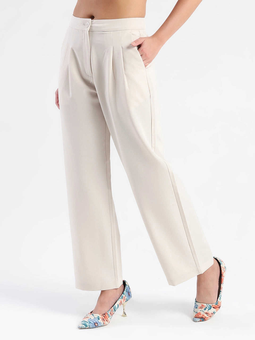 Anti Snag Threading Madame Pleat Detailed Solid Beige Straight Trousers