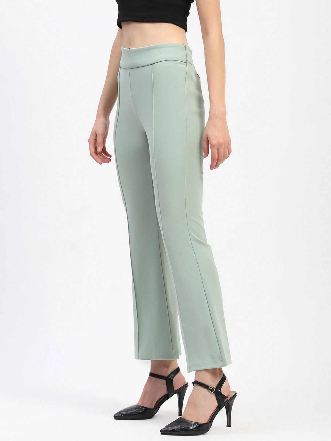 Madame Pleated Elasticated Waist Solid Moss Green Trousers Quick drying material