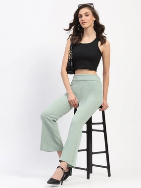 Madame Pleated Elasticated Waist Solid Moss Green Trousers Non Binding Waist