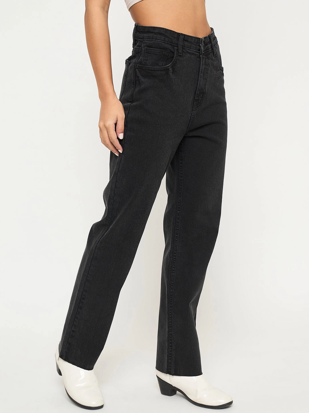 Regular Look Madame Ripped Hem Wide Leg Charcoal Black Jeans