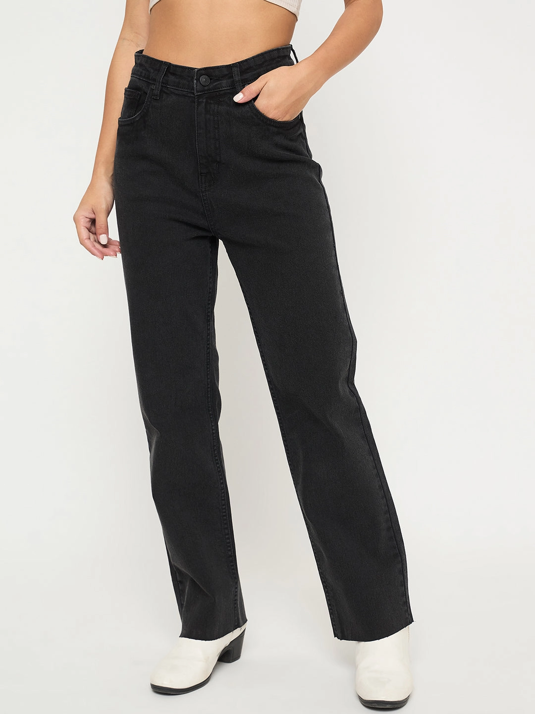 Madame Ripped Hem Wide Leg Charcoal Black Jeans Evening Stroll Comfy