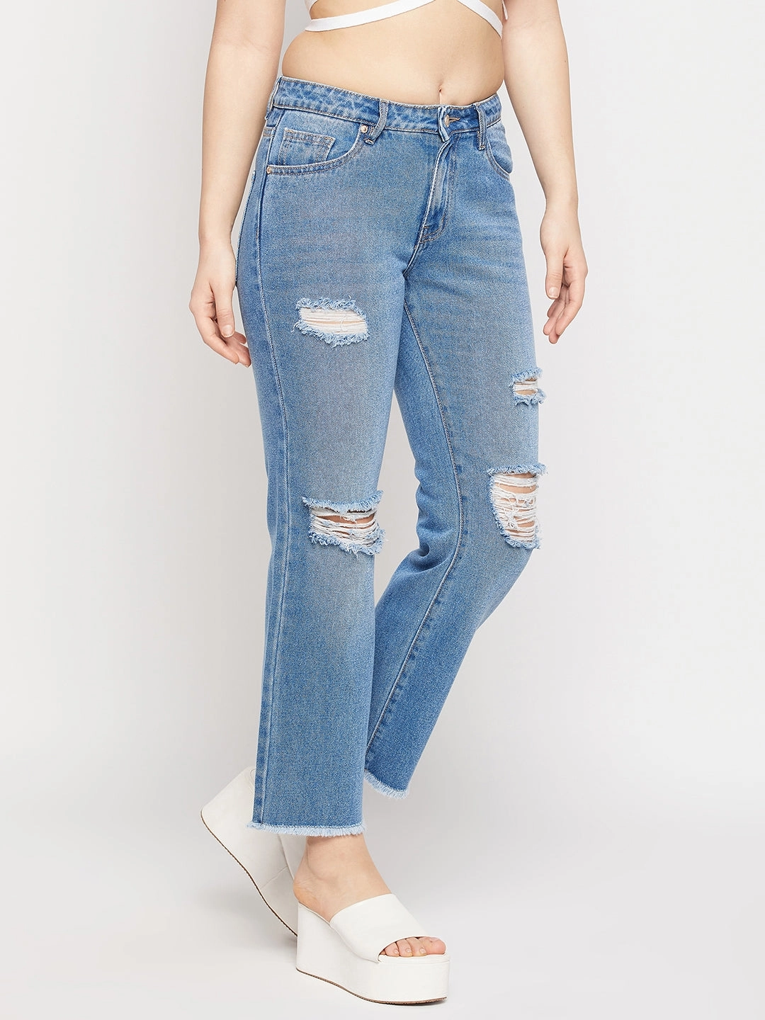 Casual Edge Stylish Vibes Madame Ripped Mid-Rise Double Wash Cropped Straight Fit Jeans