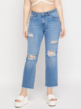 Tailored Comfort Madame Ripped Mid-Rise Double Wash Cropped Straight Fit Jeans