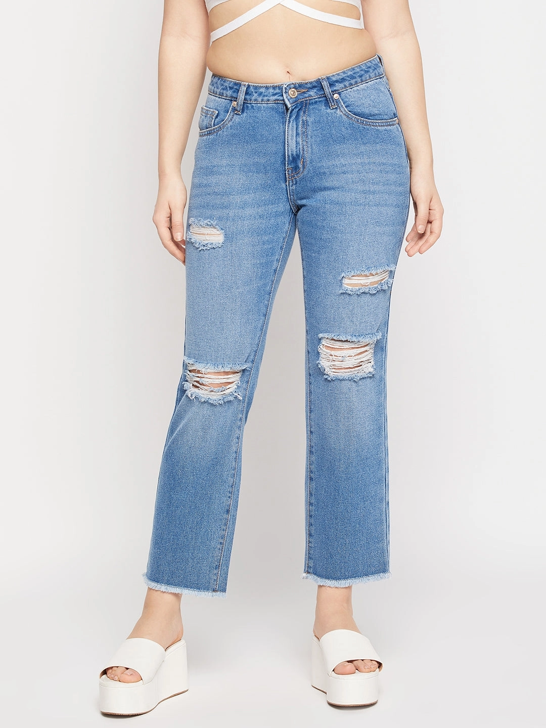 Tailored Comfort Madame Ripped Mid-Rise Double Wash Cropped Straight Fit Jeans