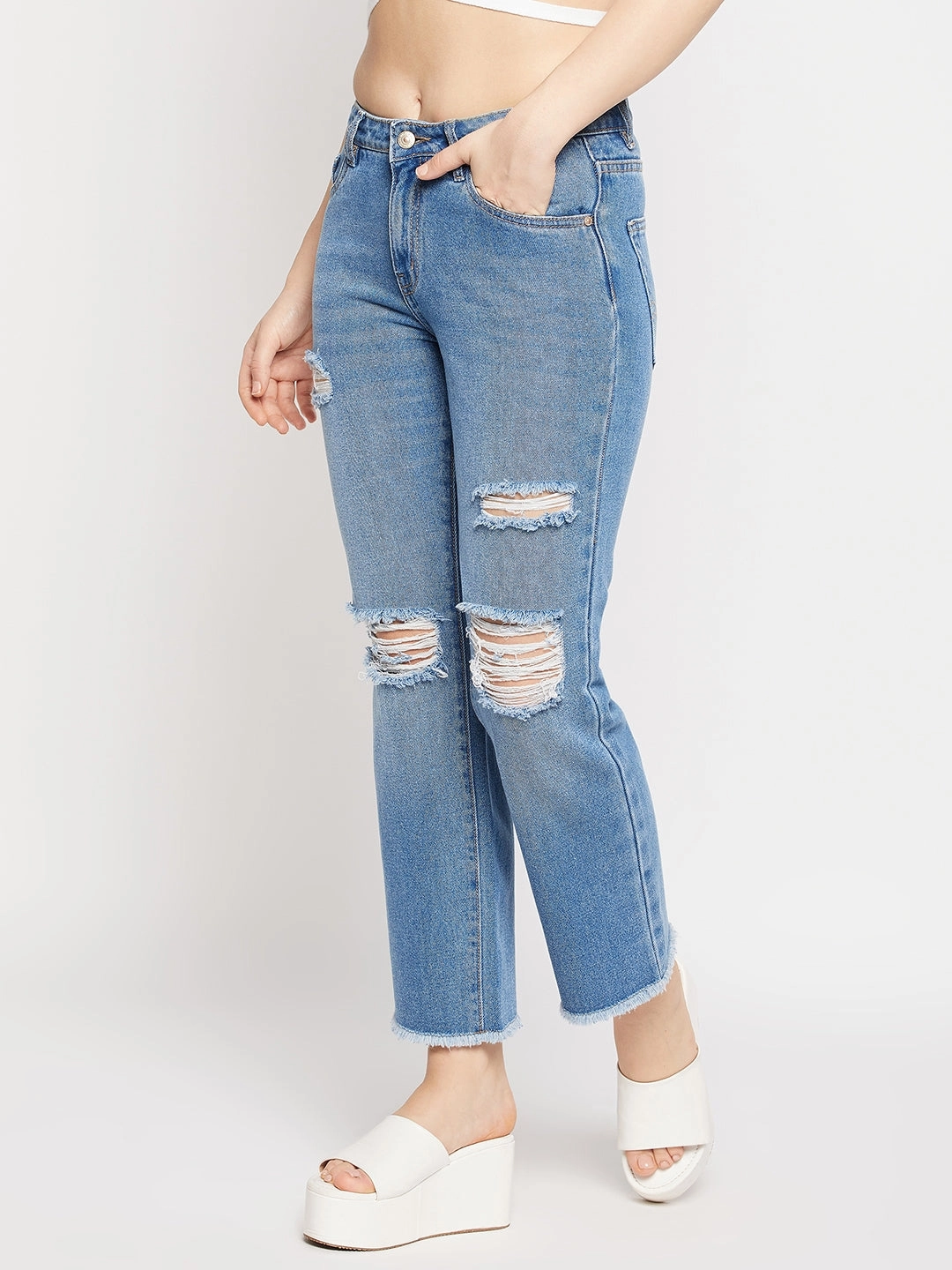 Multi Pocket Design Madame Ripped Mid-Rise Double Wash Cropped Straight Fit Jeans
