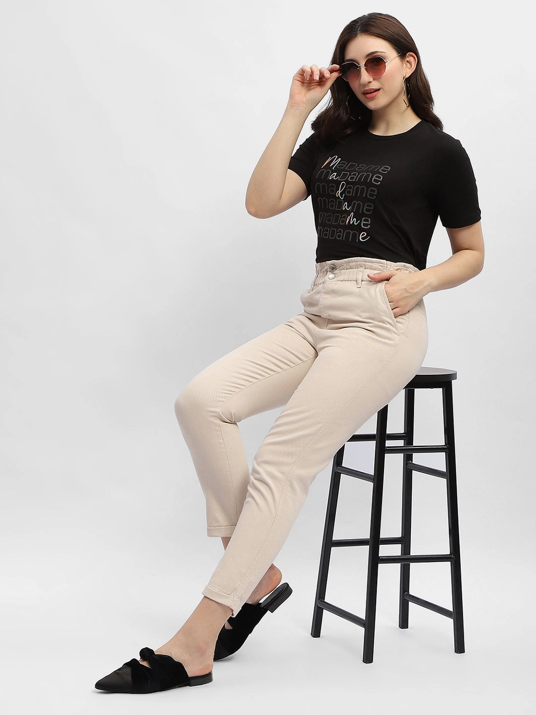 Soft Brushed Lining Wrinkle Free Fabric Madame Ruched Waistband White Trousers