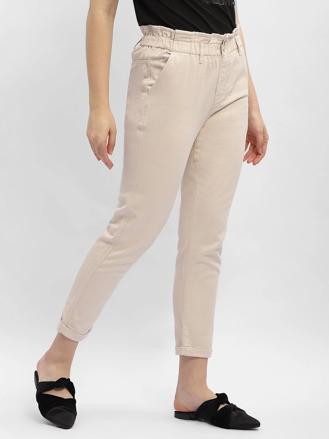 Madame Ruched Waistband White Trousers Versatile Wear