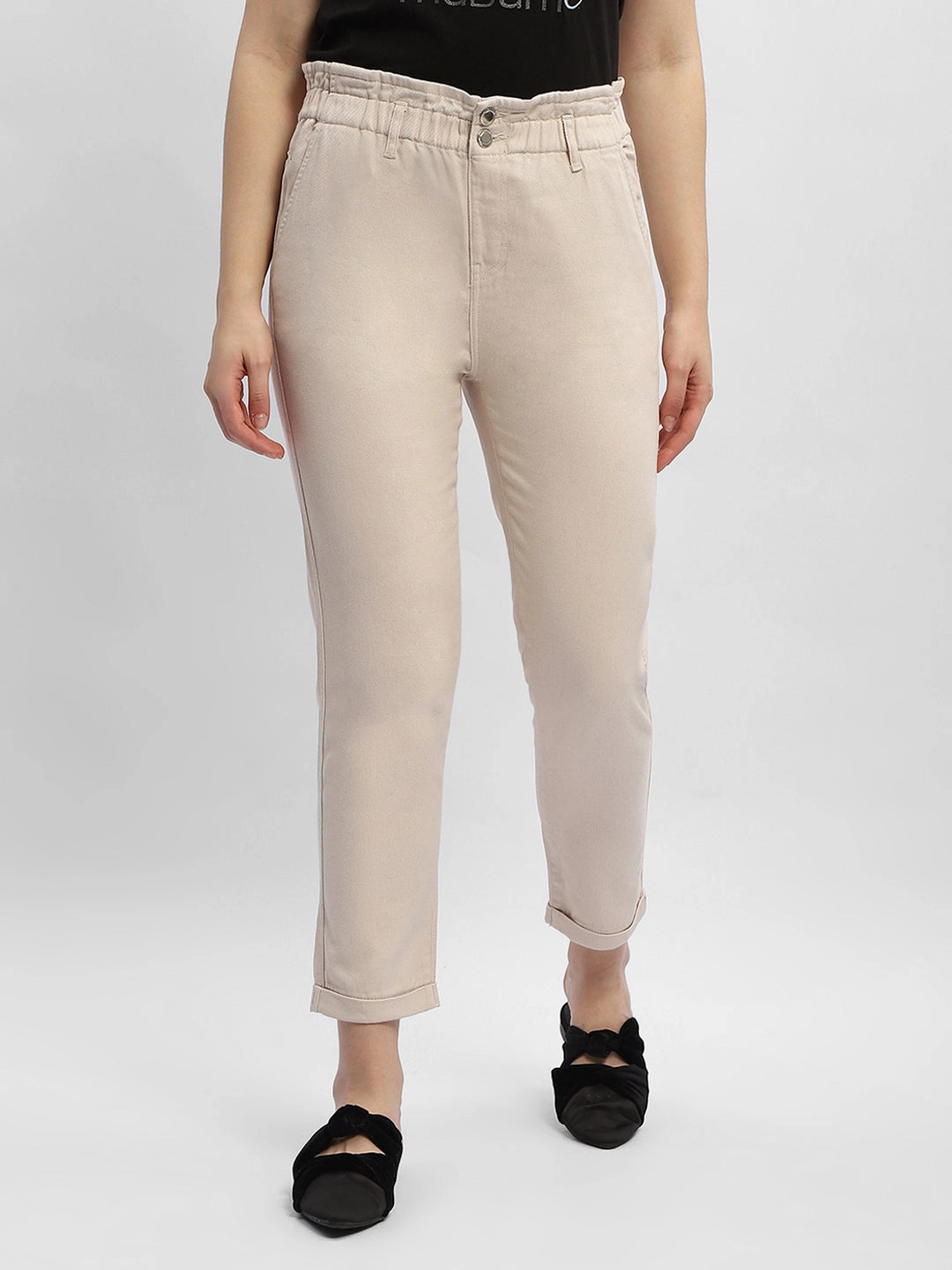 Madame Ruched Waistband White Trousers Breathable Weave Fabric OdorResistantFinish