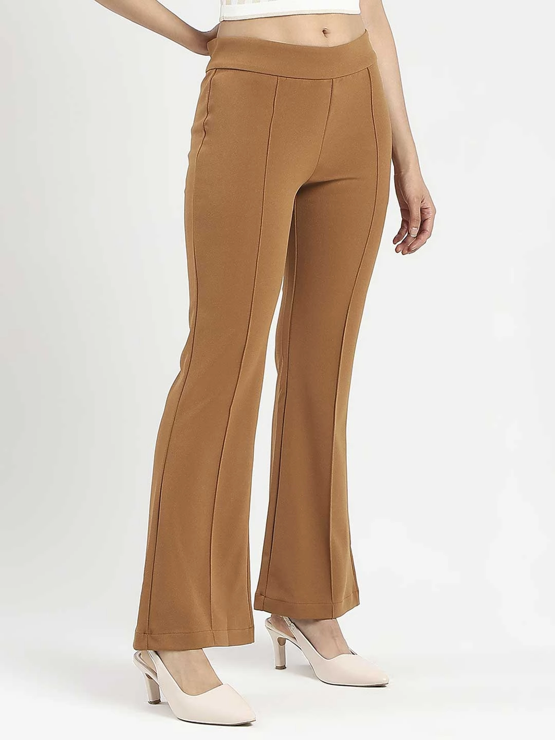 Madame Side Zipper Flared Coffee Brown Knitted Moss Trousers Relaxed Lines