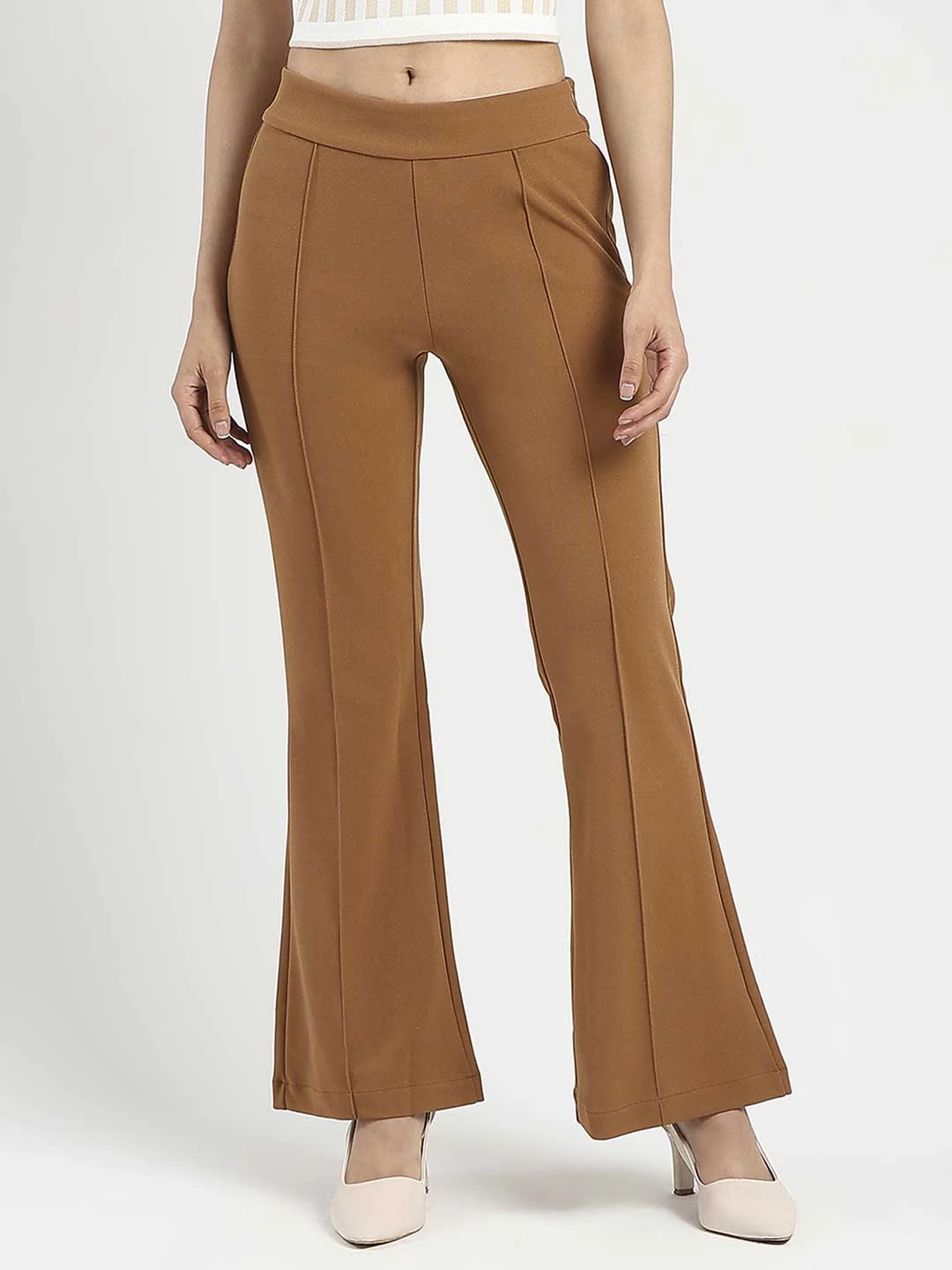 Madame Side Zipper Flared Coffee Brown Knitted Moss Trousers Stylish Appearance Breathable Motion