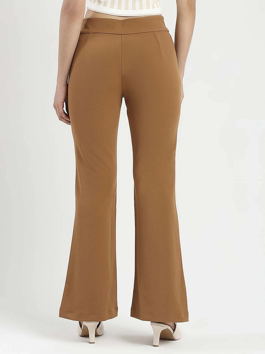 Madame Side Zipper Flared Coffee Brown Knitted Moss Trousers MoistureWickingFabric Recyclable Fabric Blend